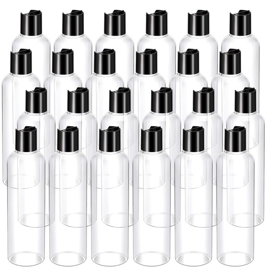 Nuenen 8 oz 24 Pcs Plastic Empty Bottles Squeeze Travel Containers with Black Disc Cap Refillable Shampoo Travel Bottles for Toiletries Lotion Container for Body Soap Cream (Clear)