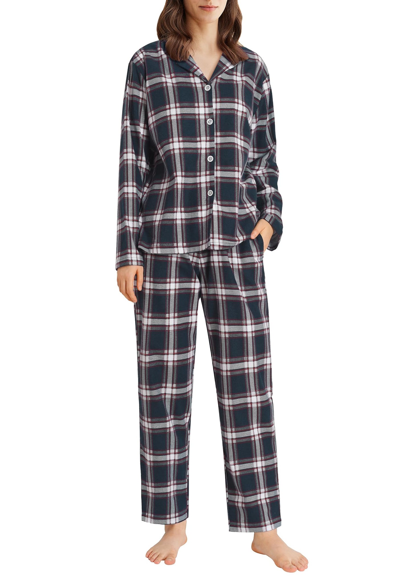 Latuza Women's Petite Flannel Pajama Set Soft Cotton Button Up PJs Set M Navy & White