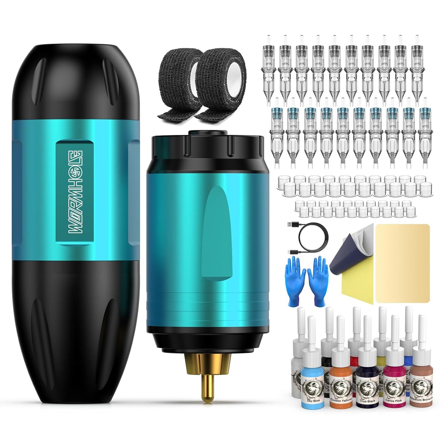 Wireless Tattoo Gun Practice Kit - Rotary Machine with 1,500 mAh Power Supply, 10 Inks & 20 Cartridges