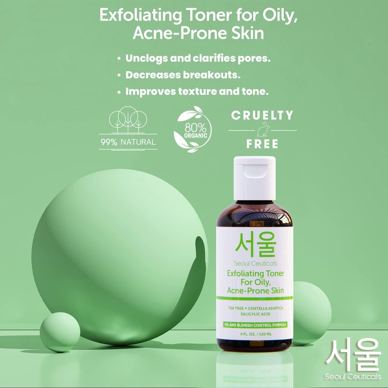 SeoulCeuticals Korean Toner for Oily Acne Prone Skin – Korean Skin Care Tea Tree Toner for Face – Facial Toner Centella Asiatica, Salicylic Acid. 4 FL OZ
