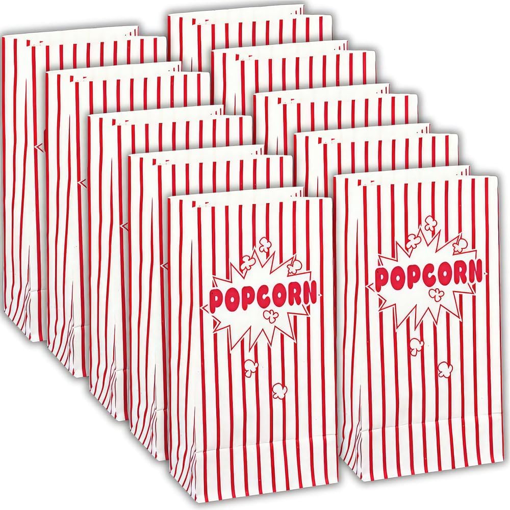Red and White Striped Popcorn Bags - 10" x 5", 10 Pcs