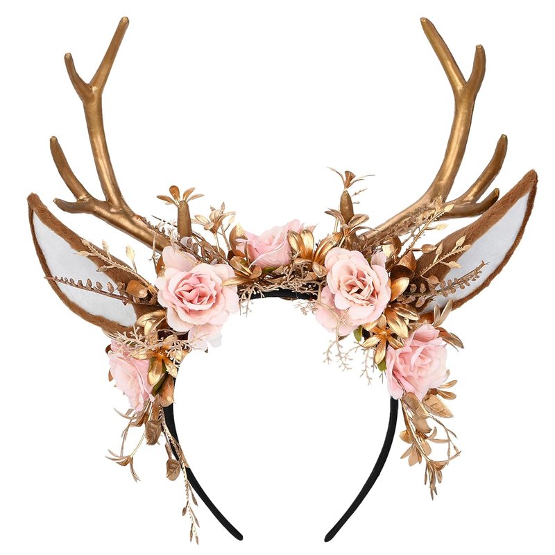 Handmade Gold Flower Antler Headband - Woodland Floral Reindeer Hairpiece for Women | Pink Rose Cosplay Accessory