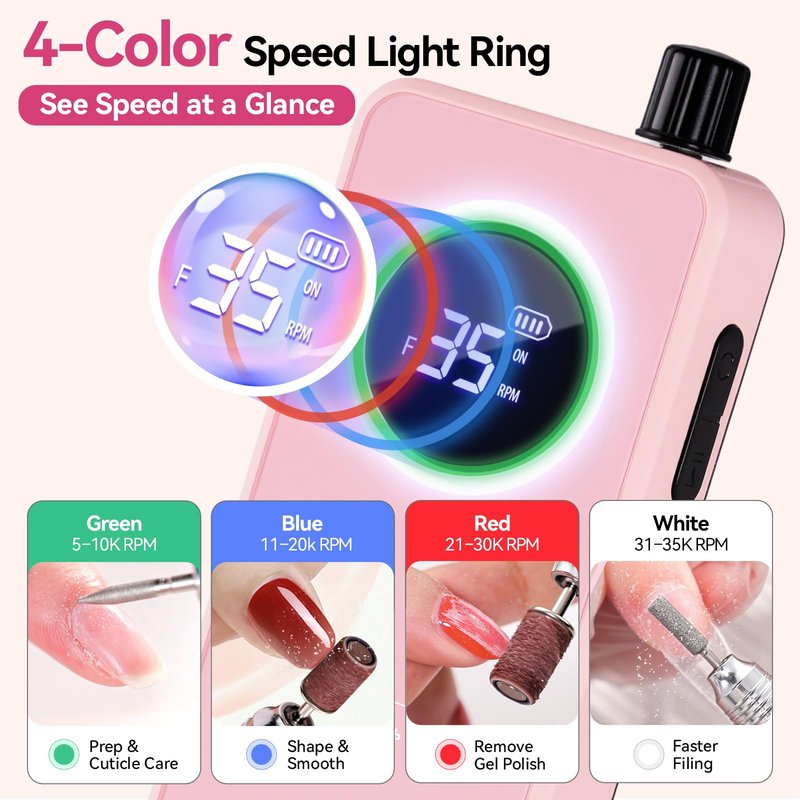 Makartt Cordless Nail Drill for Beginners: Easy & Safe Electric Nail File for Home DIY, Low Vibration Quiet Control with LCD, for Gel Removal, Shaping & Nail Care, YEEYAN