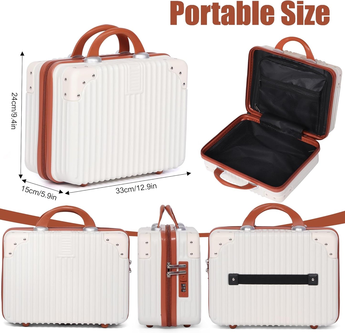 Portable 14-Inch Makeup Travel Case - Pressure-Proof Hard Suitcase with Elastic Band | Beige Toiletry Bag for Women