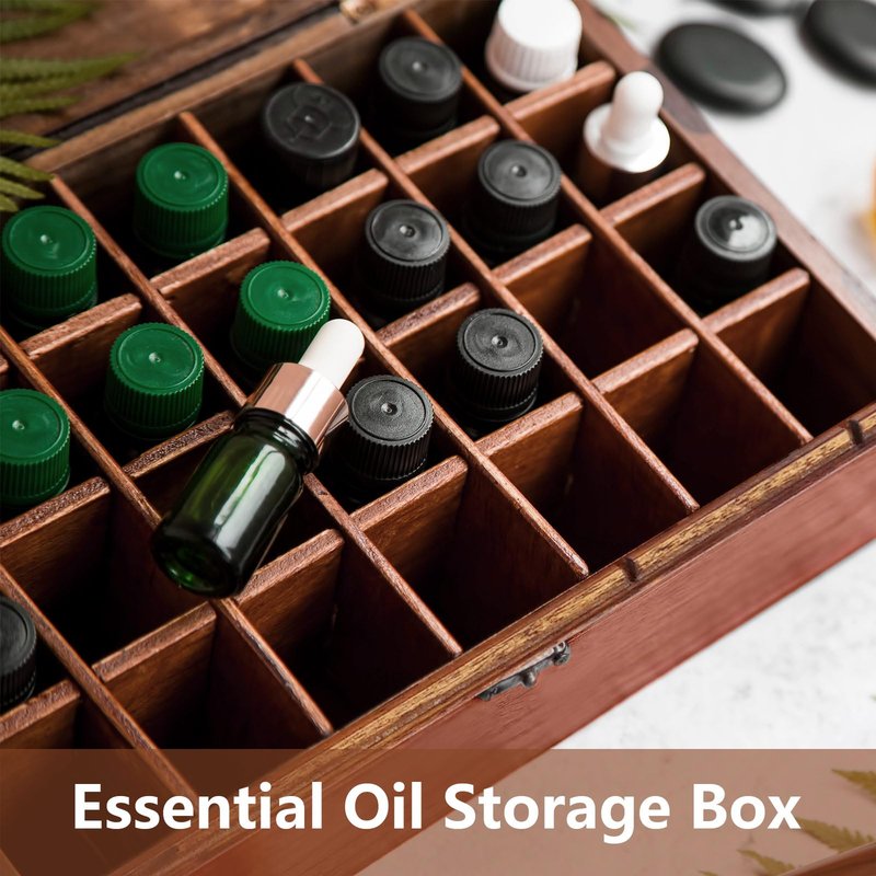 Pure Vie Wooden Essential Oil Storage Box Travel Organizer Case with Bottle Cap Label - Aromatherapy Nail Polish Fragrance Container, Holds 32 Bottle for 5-15ml - Keep Scented Oil Safe & Space Saver