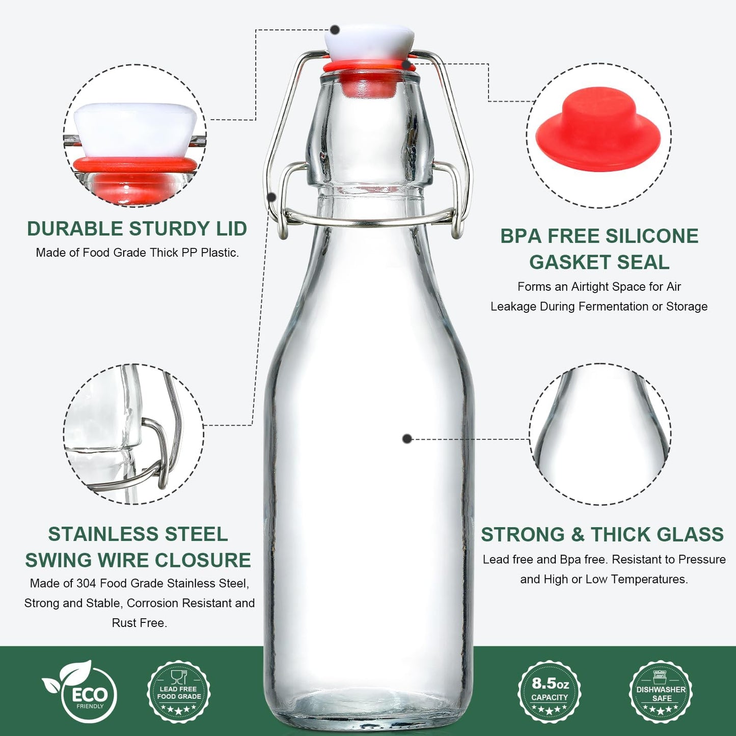 12 Pack 8.5oz Flip Top Glass Bottles, Swing Top Beer Brewing Bottle for 2nd Fermentation, Kombucha, Kefir, Vanilla Extract, Coquito, Juice, Tea - Airtight Stopper Cap Lid, Bonus 4 Bottle Pourers