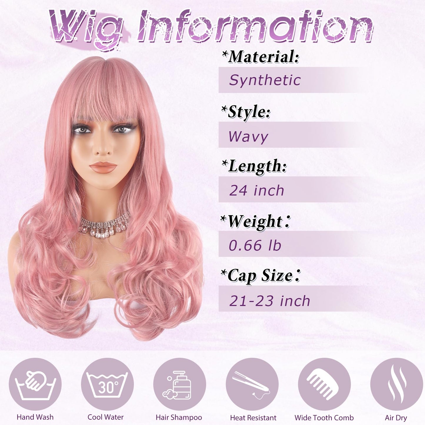 Haloo Pink Wigs with Bangs Long Wavy Layered Haircut Natural Looking Fluffy Synthetic Heat Resistant Hair Wig for Women Daily Party, 24 Inch