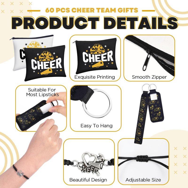 Sunnymove 60 Pcs Cheerleader Gifts Bulk Cheer Team Gifts for Women with Cheerleader Cosmetic Bags Makeup Mirror Bracelets Lipstick Holder Keychains Lanyard Cheer Team Party Favors(Black Gold)