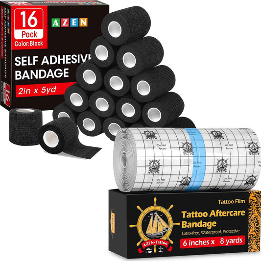 AZEN 6" x 8 Yard Tattoo Aftercare Bandage and 16 Pack 2" X 5 Yards Self Adhesive Bandage Wrap Black, Tattoo Waterproof Bandage, Tattoo Grip Tape Wrap, Tattoo Supplies