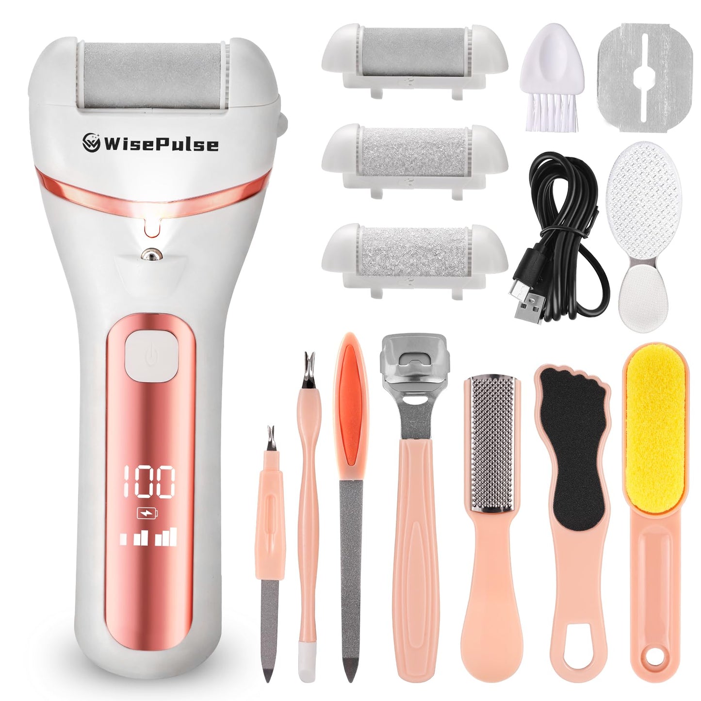 Electric Foot Callus Remover, Rechargeable Electric Callus Remover for Feet with 3 Speed, 9 in 1 Pedicure Kit with Nano-Glass, Waterproof Professional Foot File for Dead, Hard, Cracked Skin(Pink)