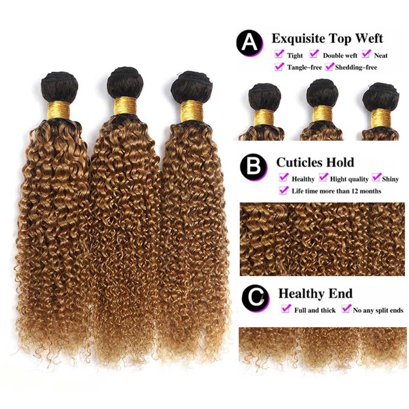 Honey Blonde Kinky Curly Human Hair Bundles - Two Tone Ombre | 8, 10, 12 Inch Lengths
