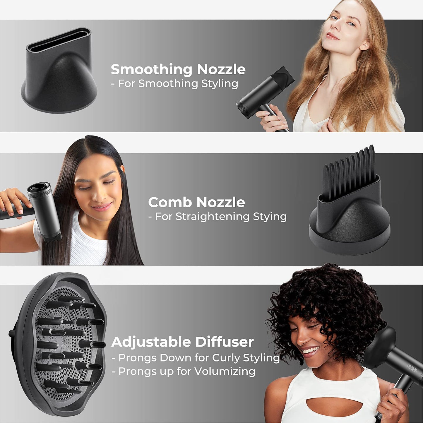 TYMO Blow Dryer with Comb - 1500W Professional High Speed Blow Dryer with Diffuser, 110,000RPM Fast Dry, 200 Million Ionic Diffuser Hairdryer, 4 Temps & 3 Speeds, 8 Ft Cord for Salon, Graphite