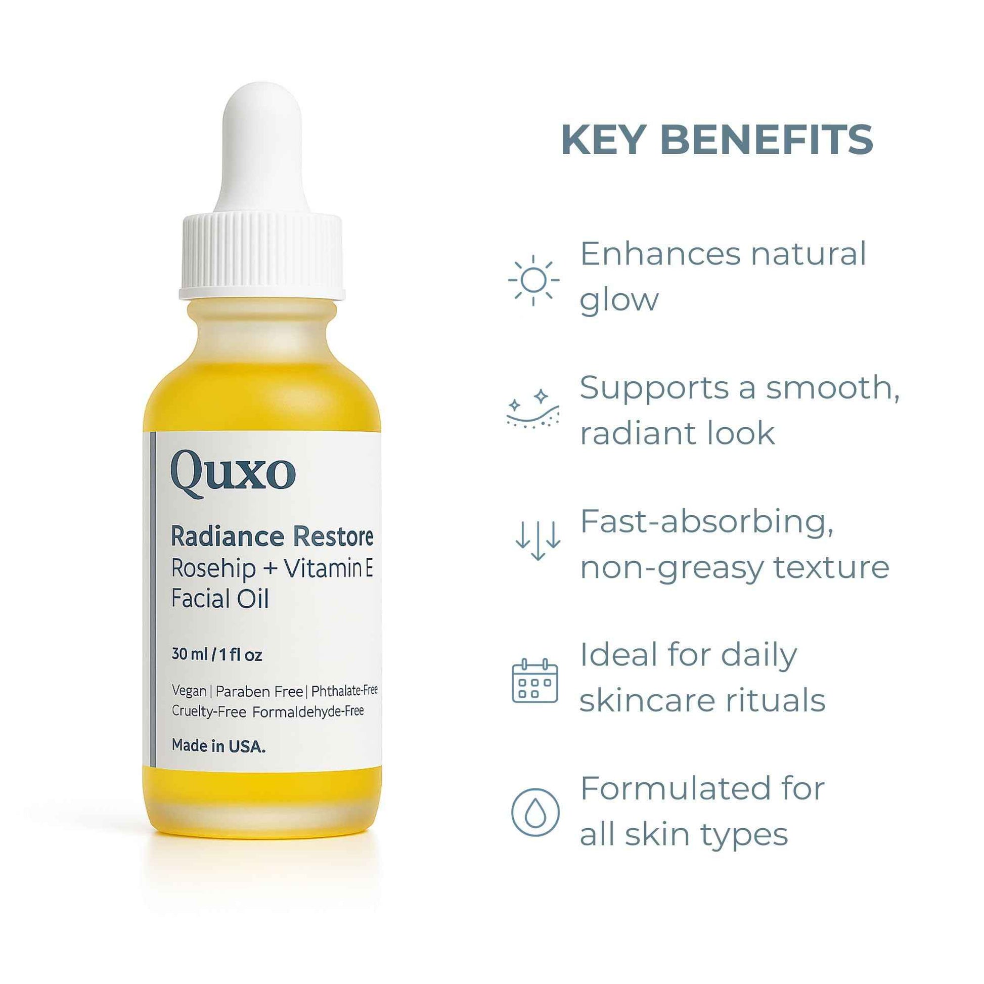Quxo Radiance Restore Rosehip & Vitamin E Facial Oil for Face, Neck & Décolleté – Lightweight Nourishing Formula – Non-Greasy, Fast-Absorbing, Vegan, Fragrance-Free – 30ml