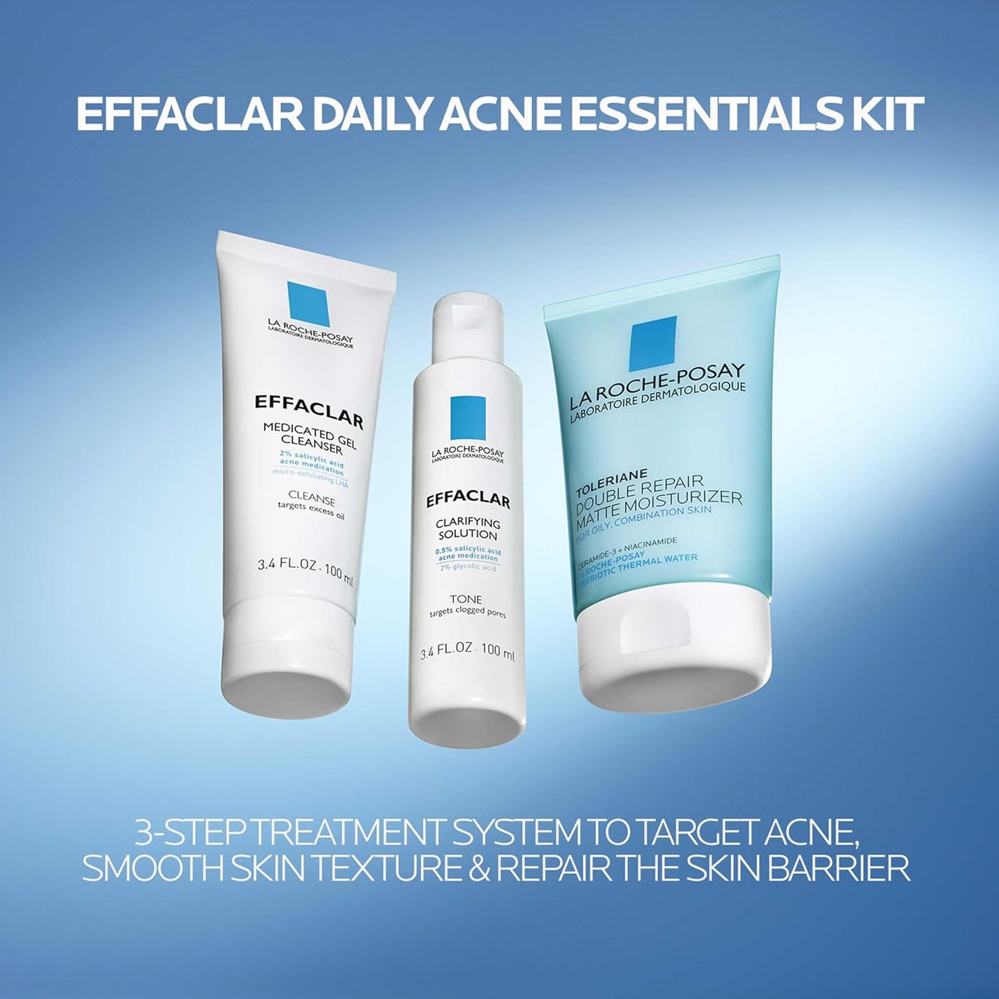 Effaclar Daily Acne Treatment Kit - Salicylic Acid Cleanser, Pore Refining Toner & Oil-Free Moisturizer | 2-Month Supply for Oily & Combination Skin