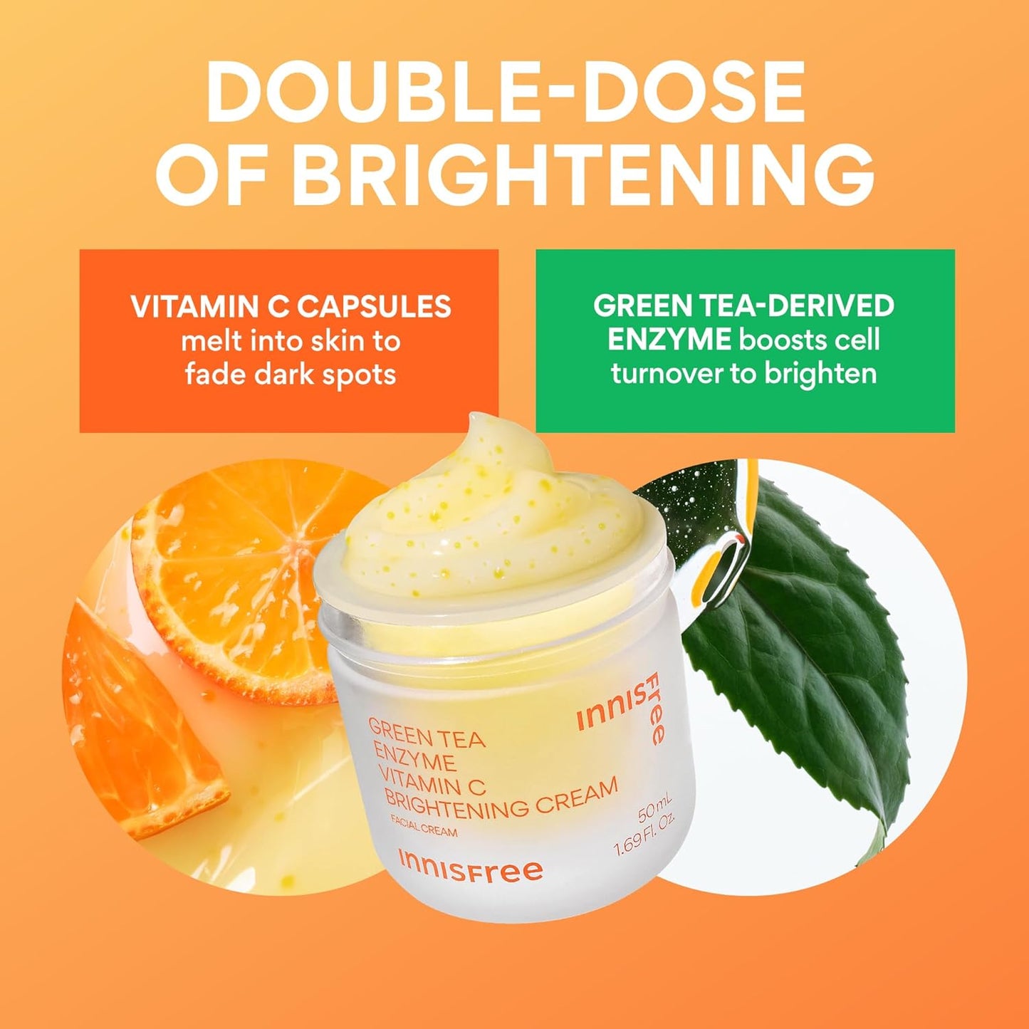 Innisfree Green Tea Enzyme Vitamin C Cream - Brightening Korean Face Moisturizer for Dark Spots & Radiant Skin