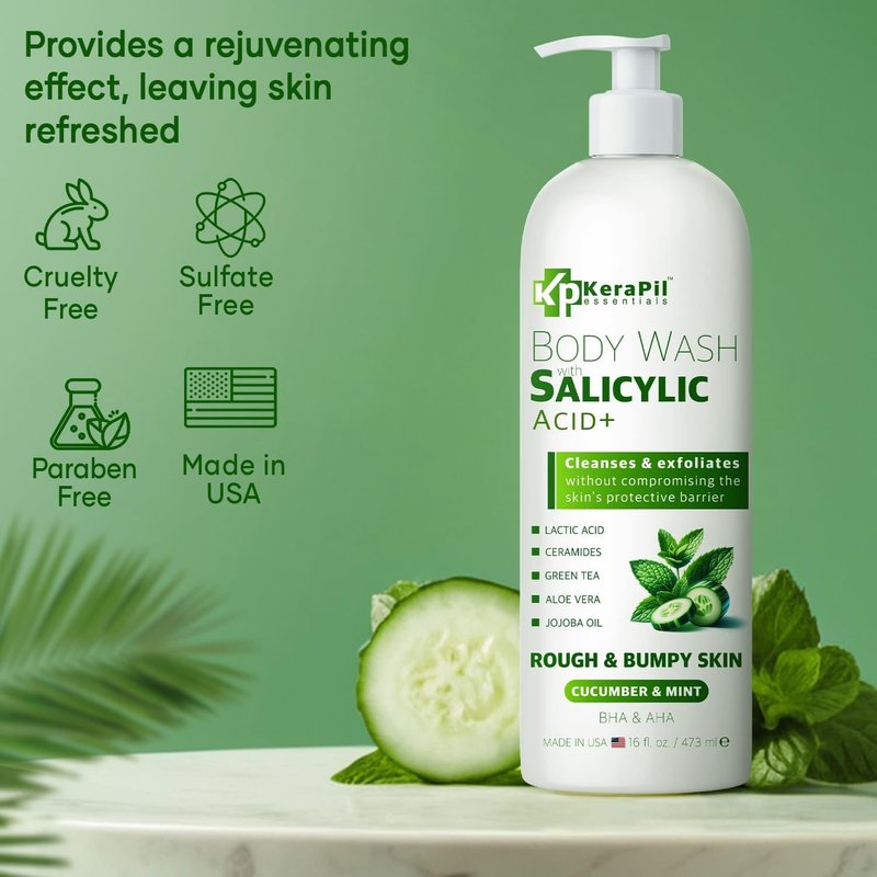 KERAPIL Exfoliating Body Wash with Salicylic Acid - No Dry Out, Gentle Exfoliates Rough and Bumpy Skin, Body Acne Wash, BHA & AHA - Cucumber and Mint Salicylic Acid Body Wash - (16 fl oz)
