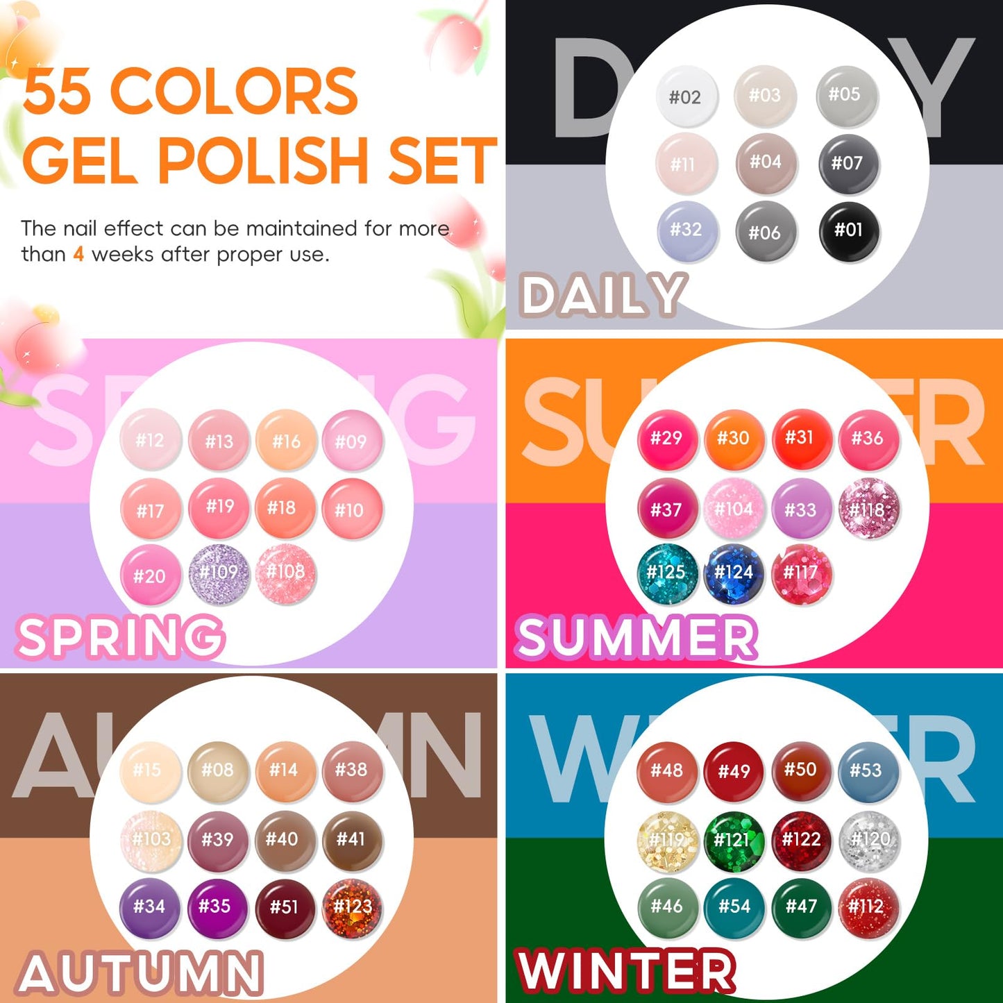 COSCELIA 60 PCS Gel Nail Polish Set, 55 Colors Gel Nail Polish with 5pcs Top Base Coat All Seasons Nail Polish Kit Spring Summer Full Colors Manicure Nail Art Gifts for Women Girls