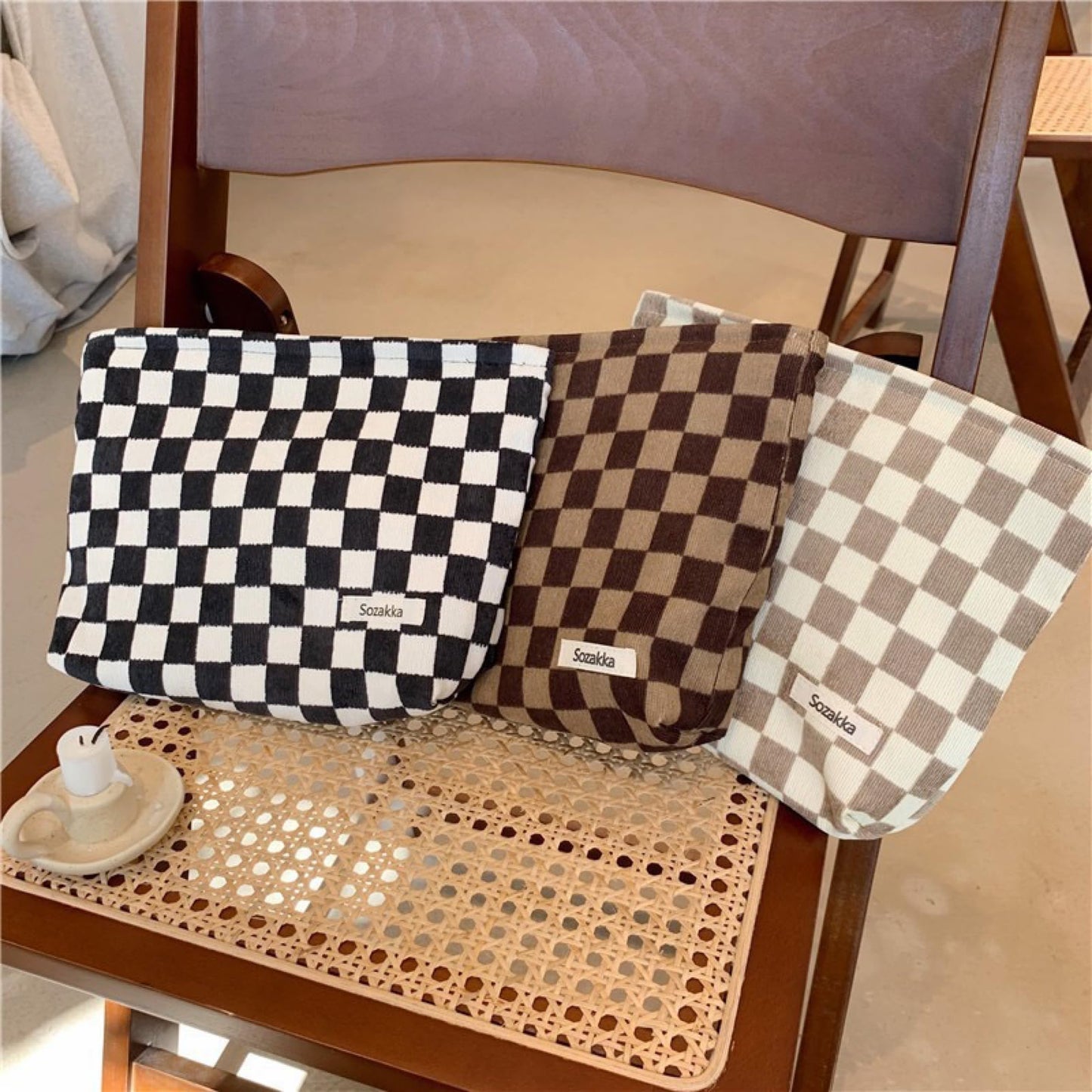 BIVIZKU Travel Checkered Makeup Bag, Corduroy Cosmetic Bag for Purse, Small Cosmetic Zipper Pouch Cute Travel Checkered Makeup Bag Gift for Women,Girls (3 pack)