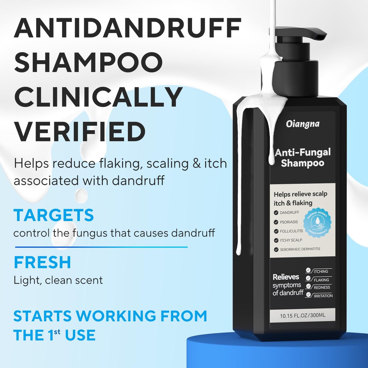Oiangna Anti-Fungal Shampoo, Scalp Care Shampoo for Scalp Irritation, Dryness & Flaking, Plant-Based Formula Soothes Itchy & Dry Scalp, 10.15 fl.oz