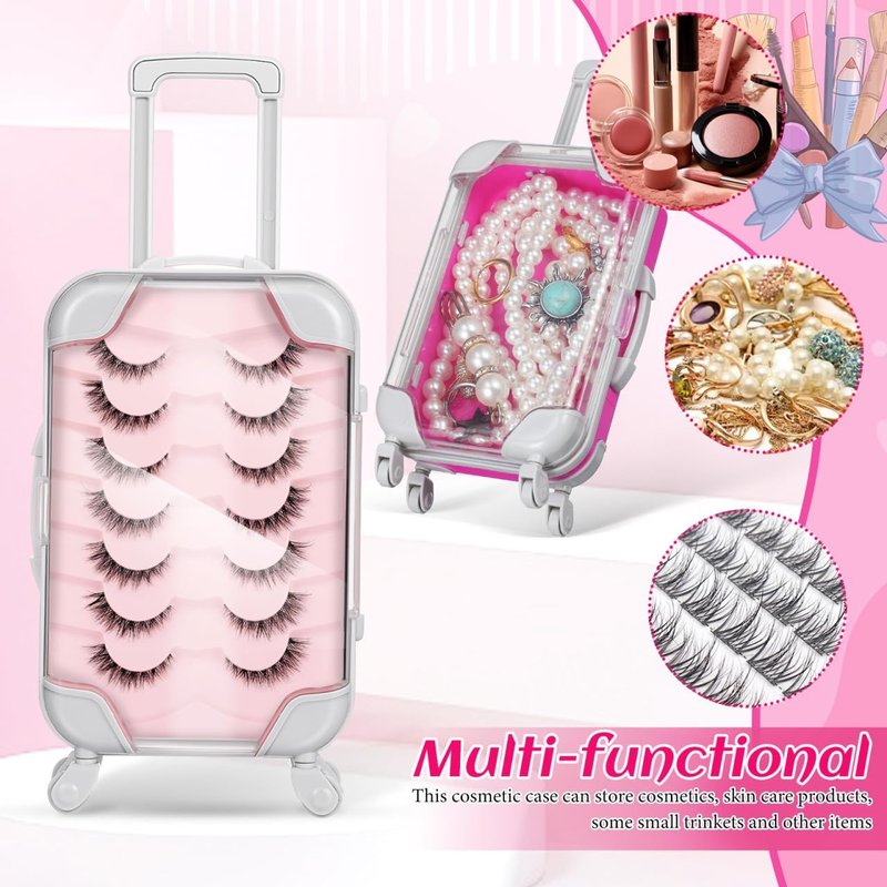 VILLCASE Mini Suitcase Eyelash Storage Boxes - Portable Travel Makeup Case | 4 Pack, Rolling Wheels, 6.49x3.34x1.96 In