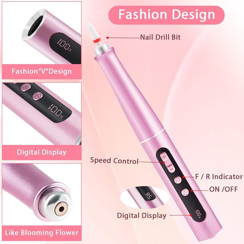 Electric Nail File - 12-in-1 Cordless Nail Drill with Digital Display & 5-Speed Settings | USB Portable Efile, 20000 RPM