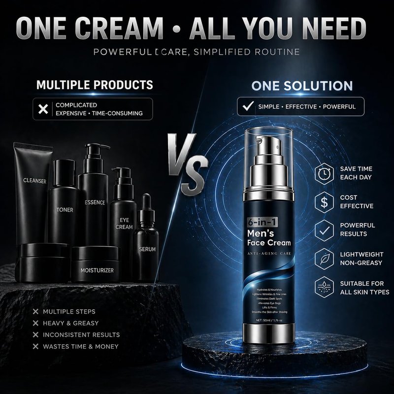 WAESKI 6-in-1 Face Cream for Men, Anti-Aging Moisturizer with Collagen, Hyaluronic Acid and Shea Butter, Reduces Wrinkles, Dark Circles and Puffiness, Men's Formula Daily Care 1.76 fl oz (1)