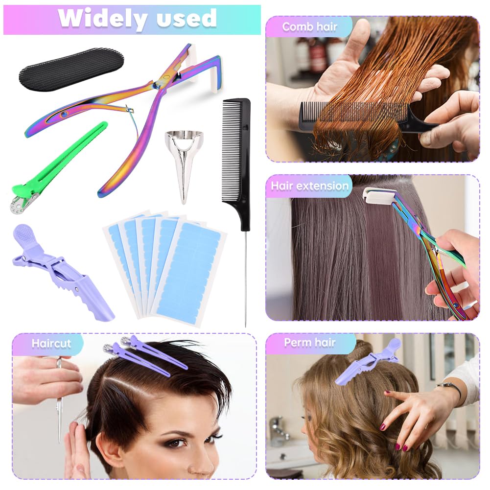 Trasylph Tape in Hair Extension Tools Kit,with Hair Extensions Sealing Clamp Plier,5 Sheets Hair Extension Tape,2 Black Hair Gripper Sticker,9 Clips,3 Hair Parting Ring,for Women Hair