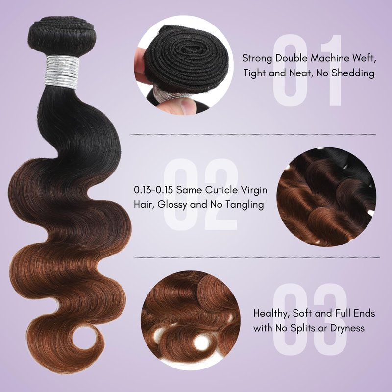 AUROO T1B/2/30 Chestnut Brown Ombre Human Hair Bundles Body Wave, 10A Thick Track 100% Virgin Human Hair Bundles Dark Roots Bundle 3 Tone Ombre Medium Auburn Colored Single Bundle Quick Weaves 12 Inch