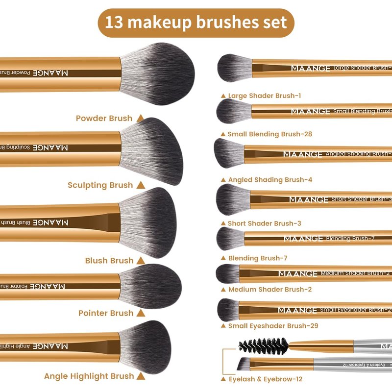 Premium Synthetic Makeup Brush Set - 13 PCS Travel Brushes with Case | Gold & Silver