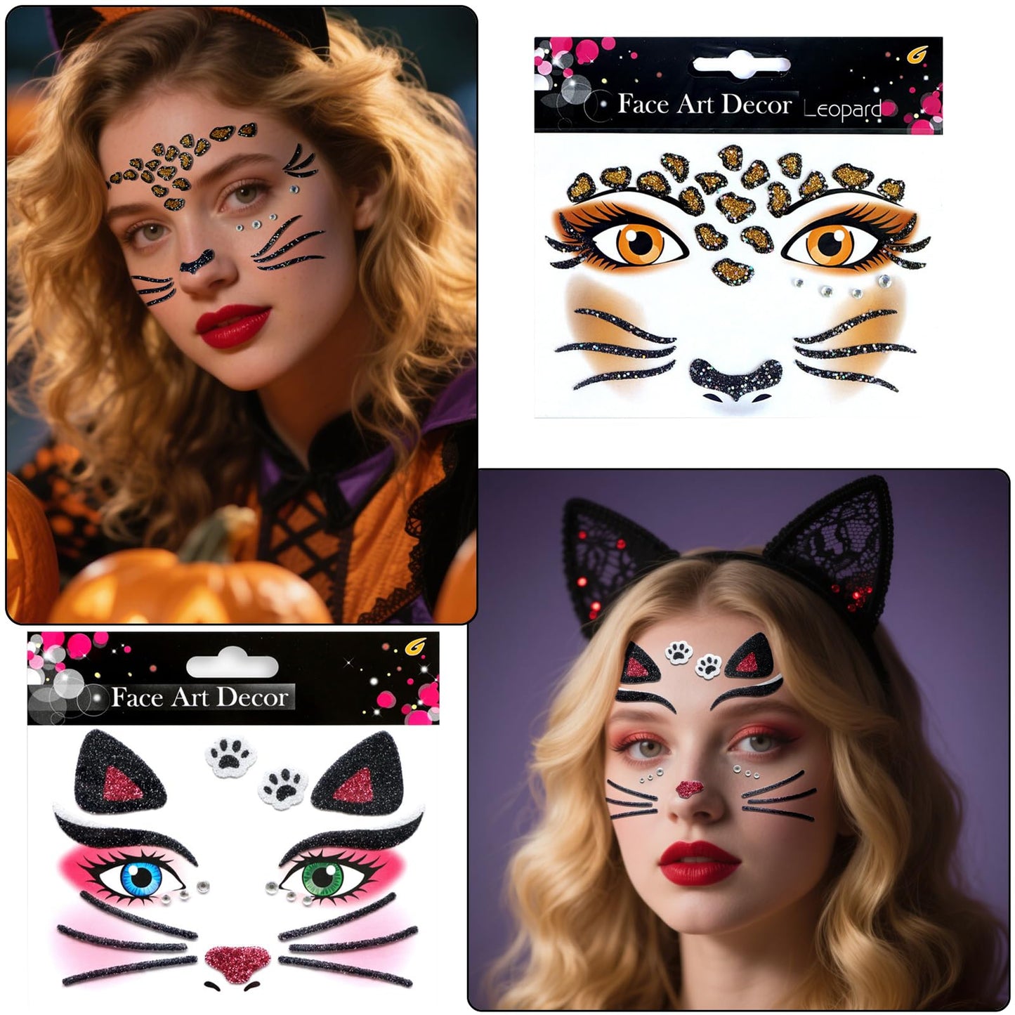 Halloween Face Tattoos Stickers - Leopard, Cat, Elk, Zebras Temporary Tattoo Sticker Halloween Face Gem Self-Adhesive Sticker for Festival Holiday Party Cosplay Decoration 4 Pcs