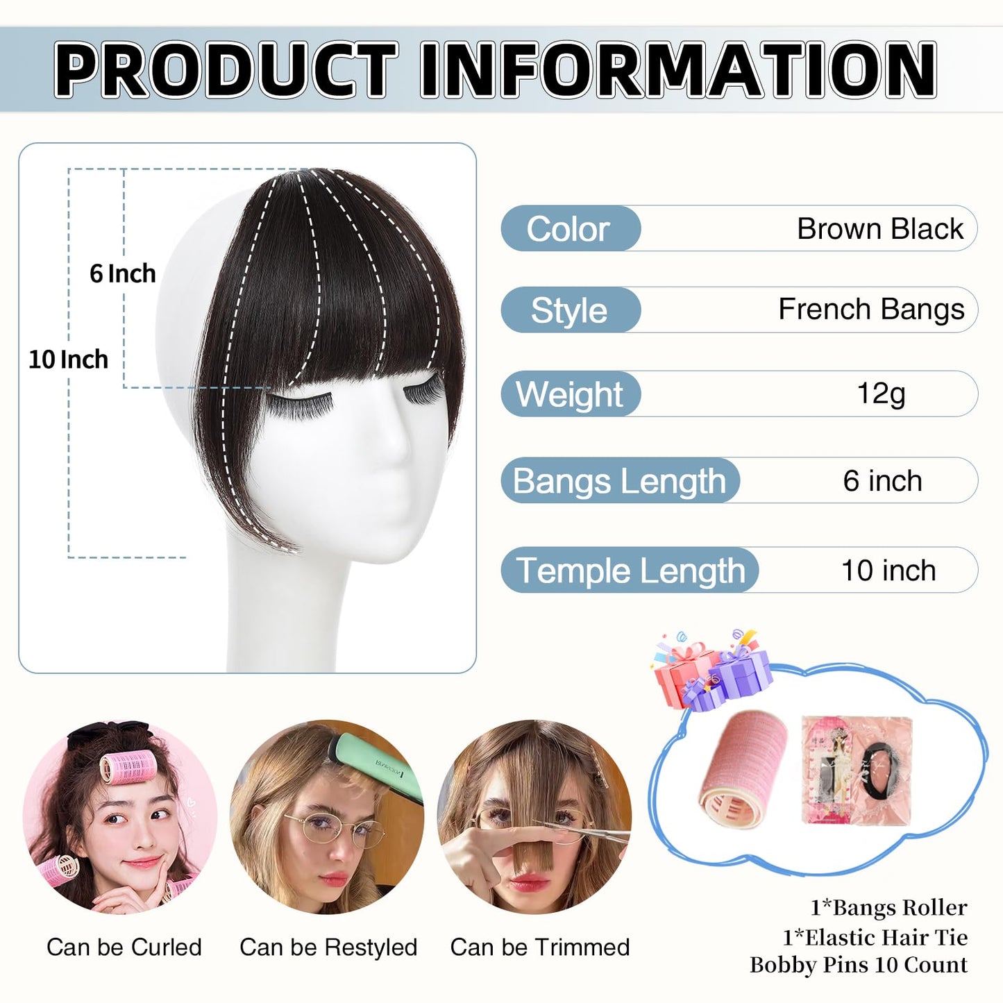 Niceone Hair Clip In Bangs for Women, Brown Black French Bangs Hair Clip with Temples, 100% Real Human Hair Layered Curved Fringe for Halloween and Daily Use(Brown Black, French Bangs)