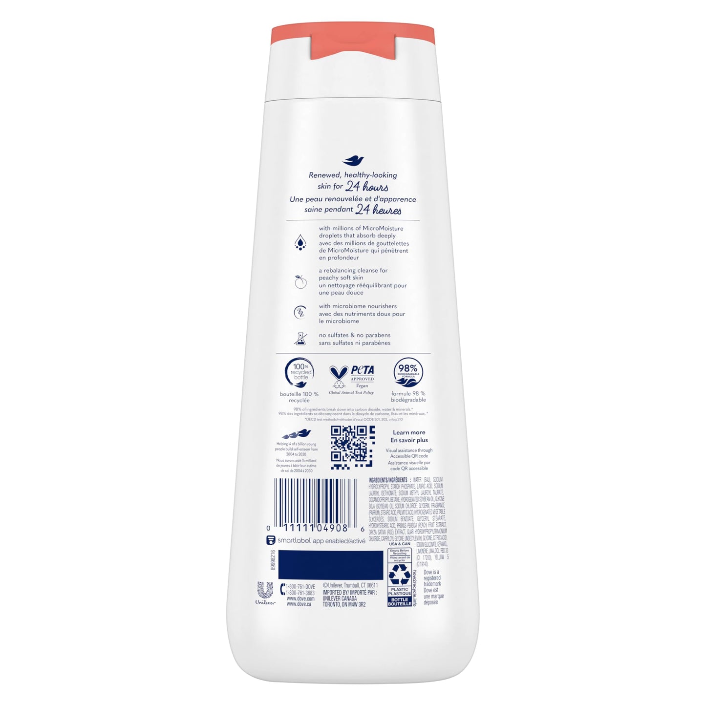 Dove Body Wash Rebalancing White Peach & Rice Milk, 4 Count for Renewed, Healthy Looking Skin, Moisturizing Gentle Skin Cleanser with 24hr Renewing MicroMoisture, 20 oz