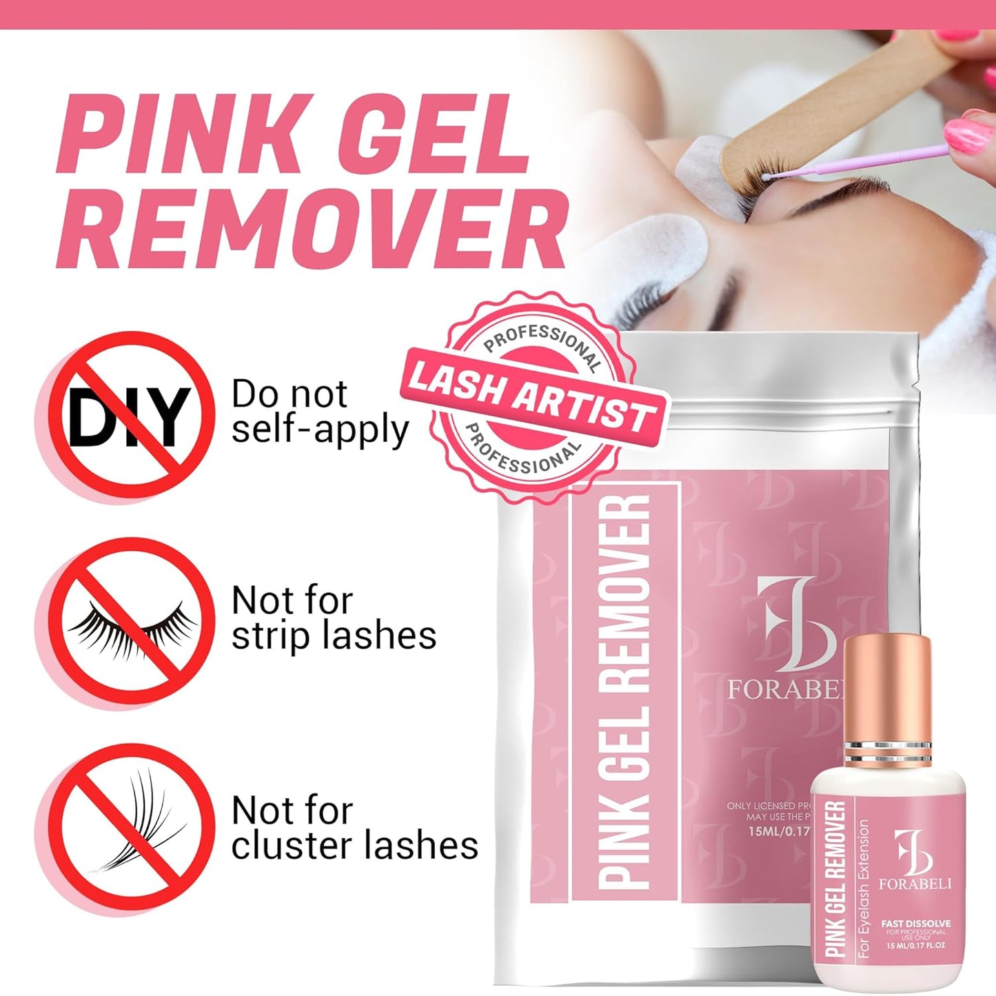 Pink Gel Lash Remover for Eyelash Extensions - Fast Acting 60s Dissolution | Professional Adhesive Remover | 15ml