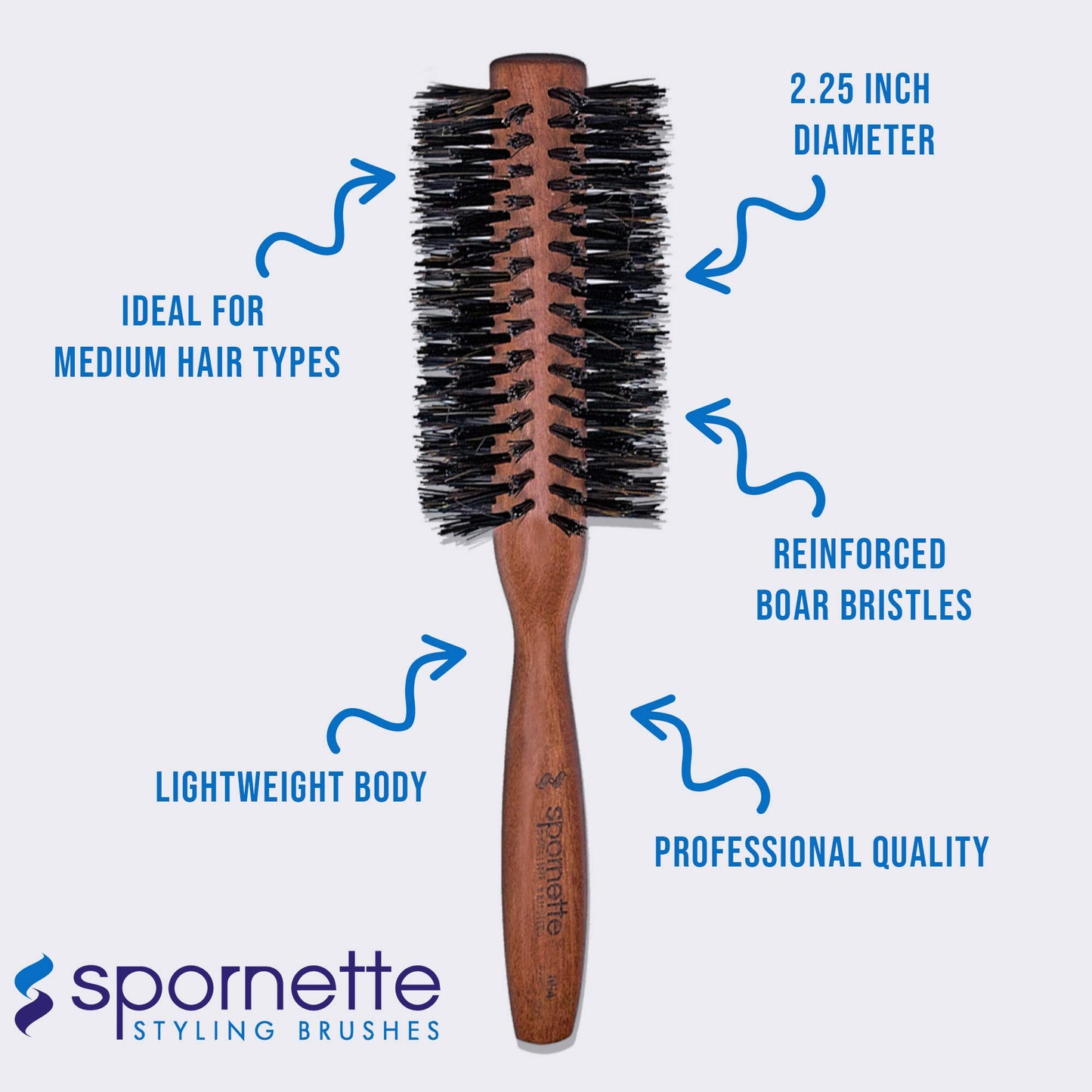 Spornette Italian Round Boar Bristle Brush - Large Round Brush for Blow Drying, Styling & Volumizing - Wooden Brush for Medium to Long Thick, Fine, Curly or Straight Hair (2.25 inch)