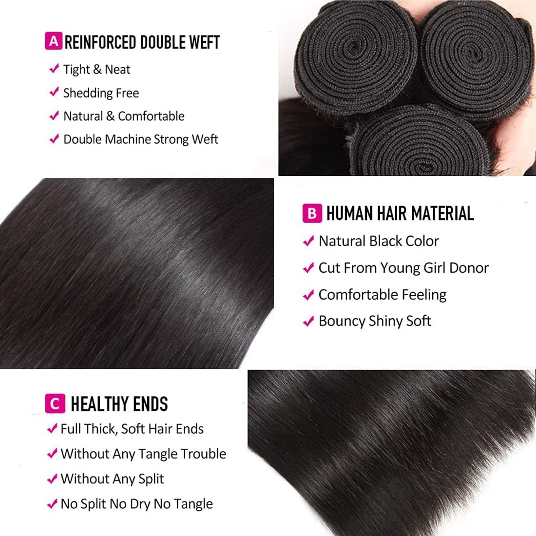 Straight Bundles Human Hair 16 16 16 Inch Brazilian Straight Hair Bundles 100% Unprocessed Virgin Hair Weave Bundle Human Hair Extensions for Women Trippy Hair Bundle Natural Color