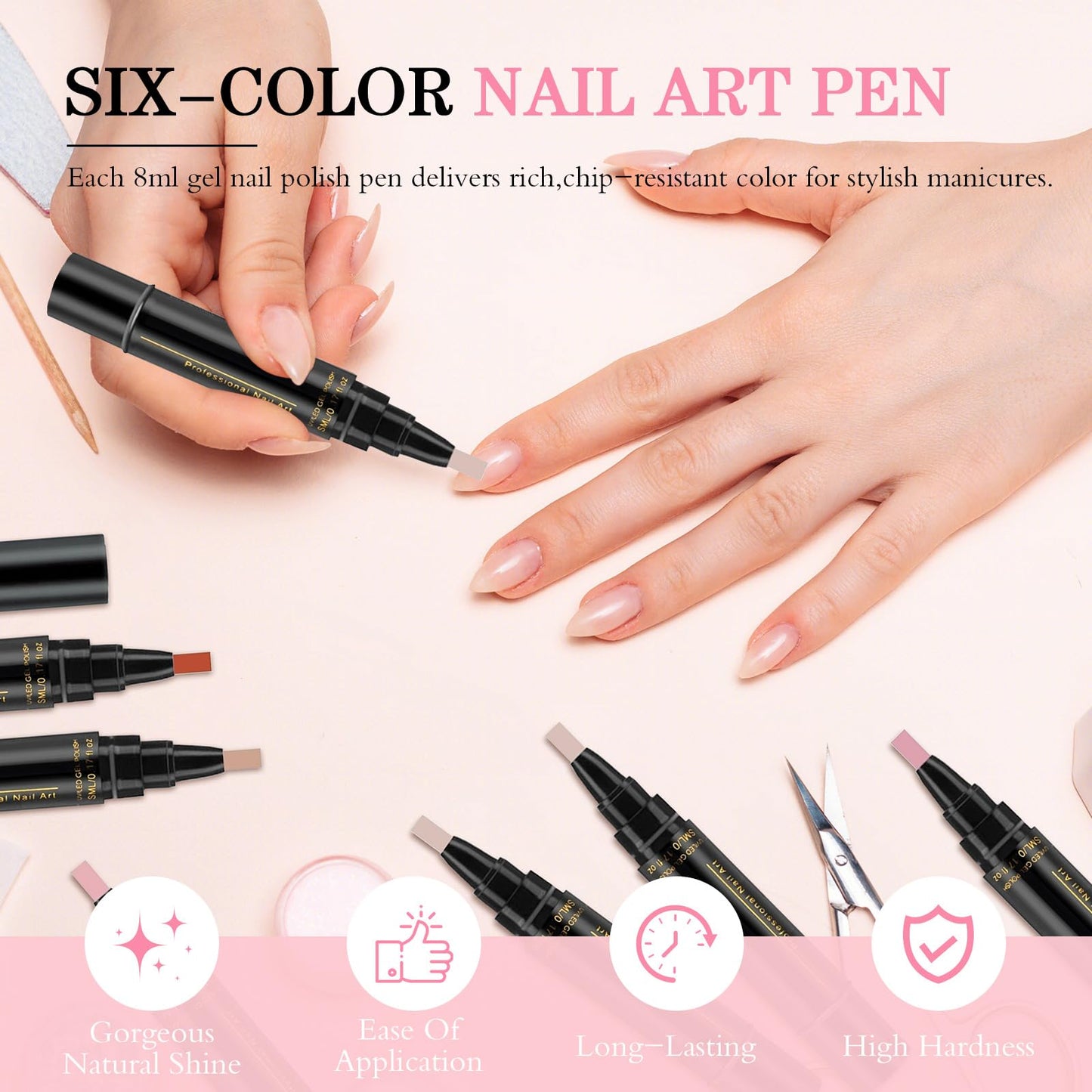 Hgkvnul Gel Nail Polish Pens 3 in 1, 6 Color Pen Gel Nail Polish, Quick Dry, for DIY Nail Art (A Set/6pcs)