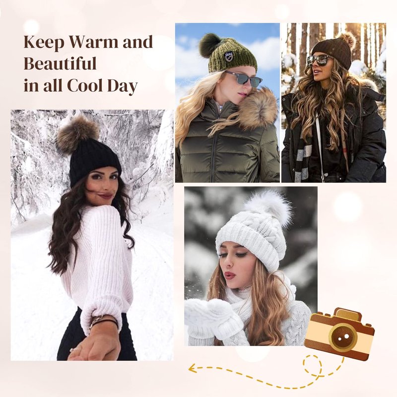 Flufymooz Beanie Wig, Hat Hair Extension Long Wavy Curly Black Hat Wig with Faux Fur Pom Hat, wig hat Attached 20 Inch Synthetic Hairpiece for Women Girls Winter (Black Brown)