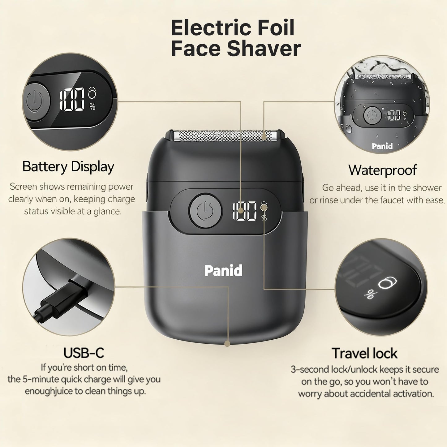 Electric Foil Shavers for Men, Upgraded Mini Electric Razor with 3 Floating Blades, LED Display, USB-C Fast Rechargeable, Portable Electric Shavers for Beard/Face (Black)