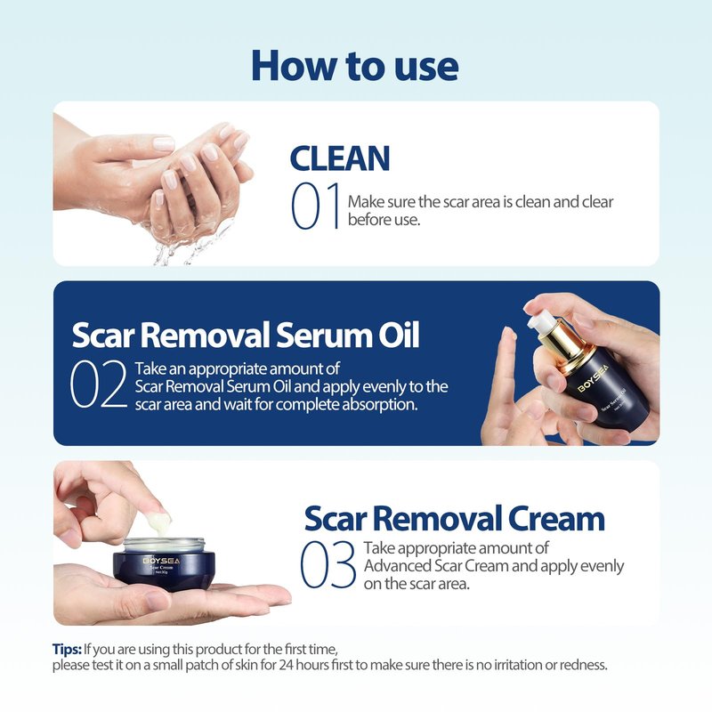Boysea Scar Cream & Serum Oil, Advanced Scar Removal Set, Reduces Appearance of Keloids, C-Sections, Surgeries, Burns, Acne, 2 x 1.06 Oz Bottles