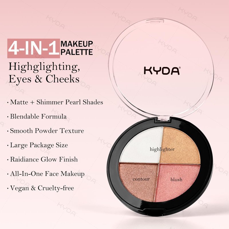 KYDA Eye & Cheek Palette, Eyeshadow and Highlighter Makeup, 4-In-1 Glow Face Palette for Women, Multiuse Blush, Highlighting Eye & Cheek Pallet for Mature Skin