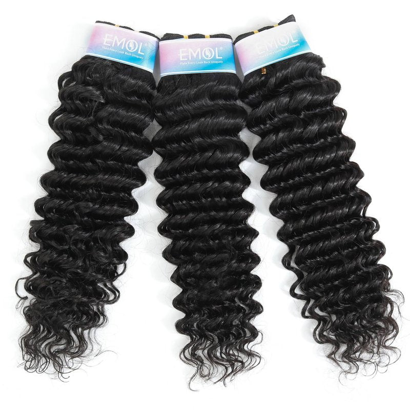Deep Wave Bundles, Curly Bundles Human Hair, 10 12 14 Inch, Wet and Wavy, Natural Black, Soft, 285g-300g, Brazilian Hair