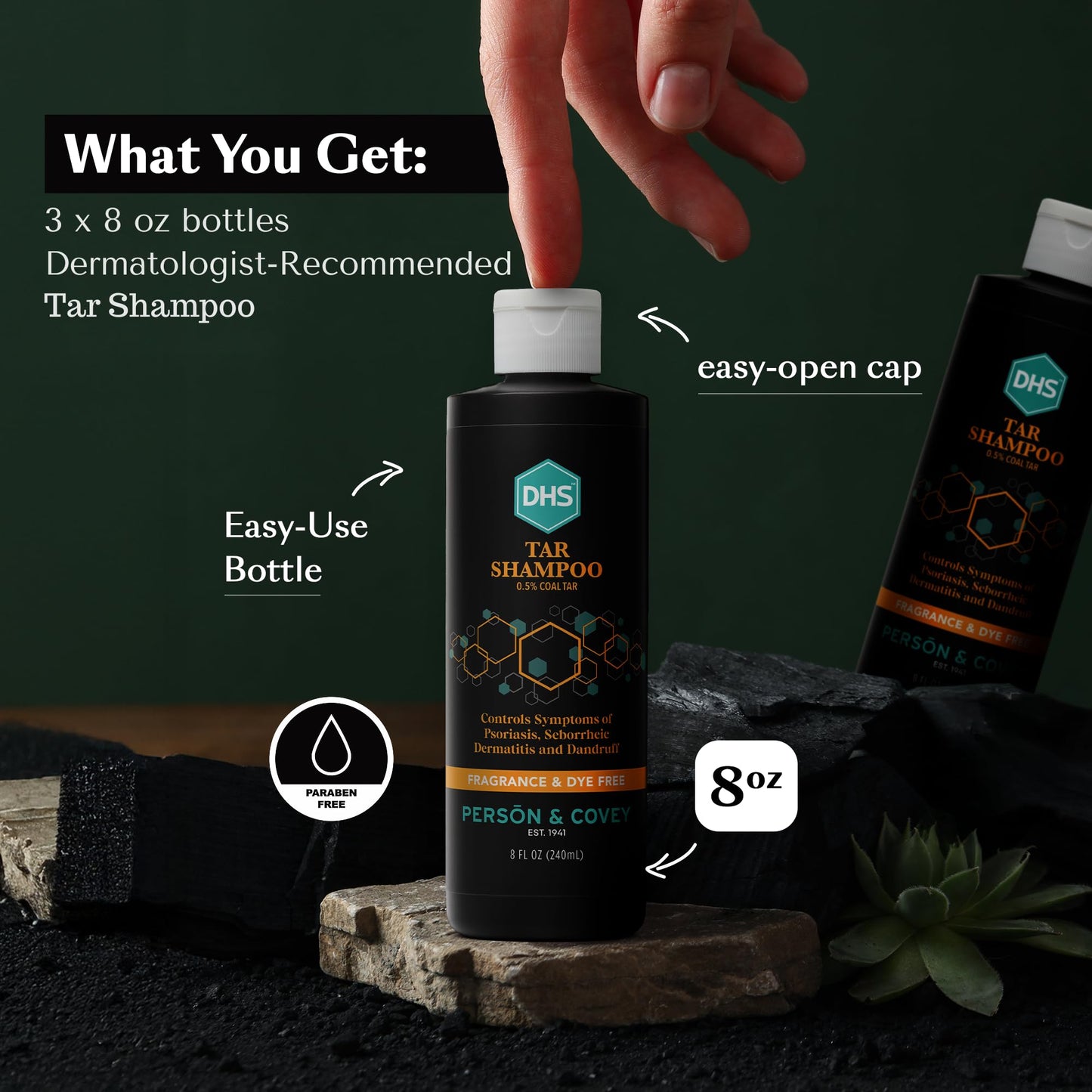 DHS Person & Covey, Inc Coal Tar Shampoo - Dandruff Shampoo for Men & Women, Psoriasis & Dandruff Hair Care for Itchy Scalp, Unscented Seborrheic Dermatitis Hair Care - 8 Fl Oz, Pack of 3