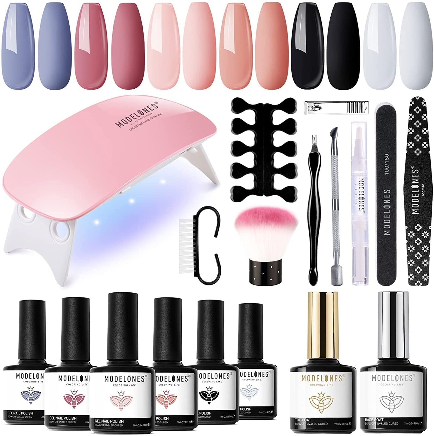 MODELONES Dip Powder Nail Kit Starter-12 Nude Colors French Style Dipping Powder with Base Top Coat 2 in 1 Set, Essential Manicure Nail Art System No Lamp Needed