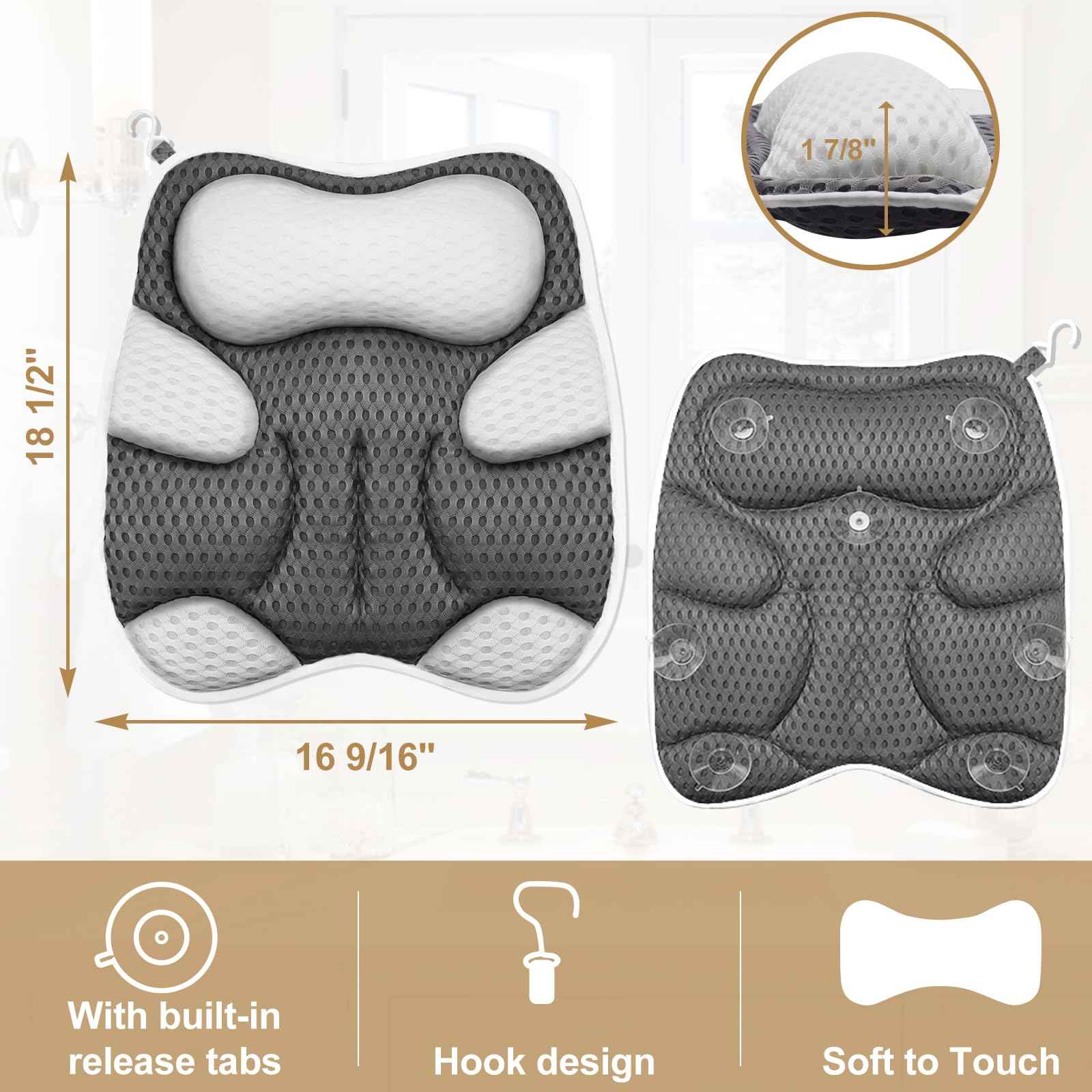 ZYIDBNG Bath Pillow for Tub Ergonomic Cat Shape and Bear Shape Design Bath Pillow for Head and Neck Support SPA Gift Bathtub Pillow 4D Air-Mesh with Suction Cups Washable Gray(1 Pack)