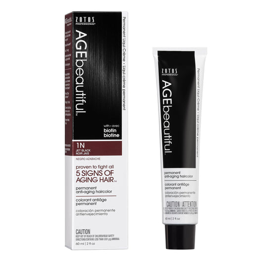 AGE beautiful Permanent Hair Dye 1N Jet Black - Deep Black/Natural Black Hair Color Cream with 100% Gray Coverage, Anti-Aging Biotin Formula for Thicker, Fuller Hair, Professional Salon Quality