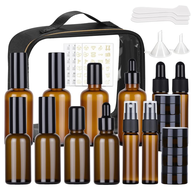 29 Pack TSA Approved Glass Travel Skincare Containers,Toiletry Bag，1.7/1/0.7/0.5/0.3oz Refillable Traveling Size Containers with Pump, Jars & Essential Oil Bottle , Leak-Proof for Creams & Liquids