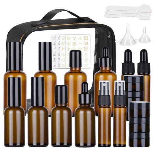 29 Pack TSA Approved Glass Travel Skincare Containers,Toiletry Bag，1.7/1/0.7/0.5/0.3oz Refillable Traveling Size Containers with Pump, Jars & Essential Oil Bottle , Leak-Proof for Creams & Liquids