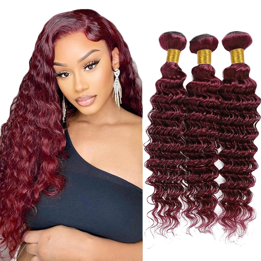 #99J Burgundy Bundles Human Hair Deep Wave Bundles 14 16 18 Inch Win Red Deep Wave Bundle Human Hair Extensions Double Weft Unprocessed Brazilian Virgin Hair 3 Bundle 50 Grams Per Bundle For Woman