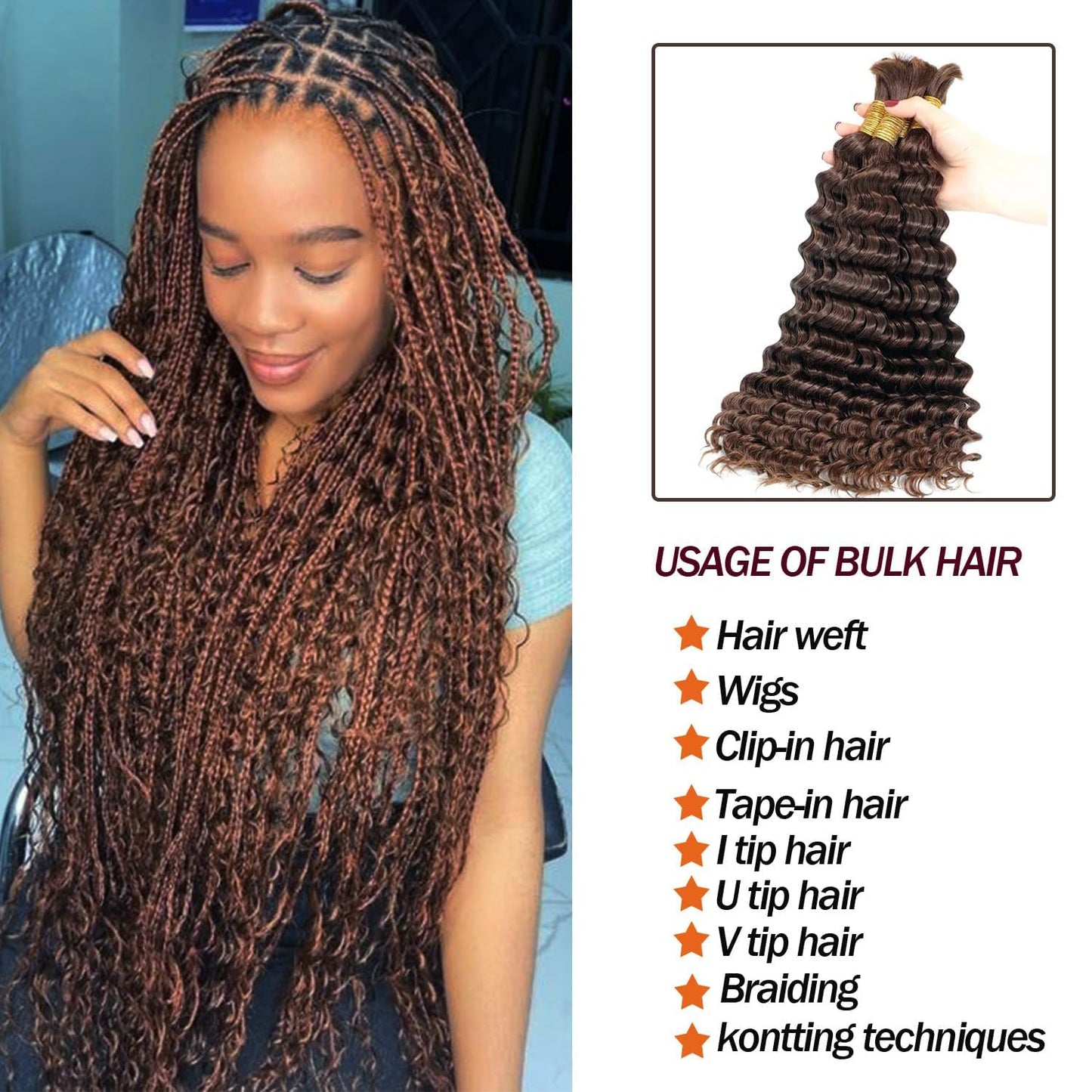 #4 Braiding Hair Deep Wave Bulk Chocolate Brown Boho Braids Human Hair for Braiding 2 Pcs Total 100g 18 Inch Chocolate Brown Color #4 Bulk Bundles Brazilian Virgin