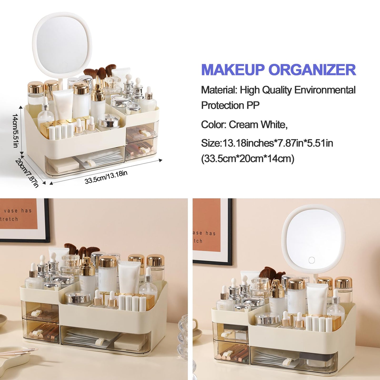 DASITON Makeup Organizer with Rechargeable Mirror and 3 Drawers,Skincare and Cosmetics Organizer Countertop,Makeup Brush Holder,Large Cosmetic Display Case for Vanity,Desk,Bathroom,Bedroom(Cream)
